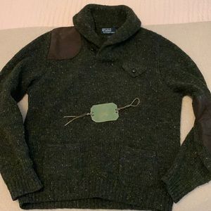 Polo Ralph Lauren, men’s green hunting sweater w leather patches, size large.